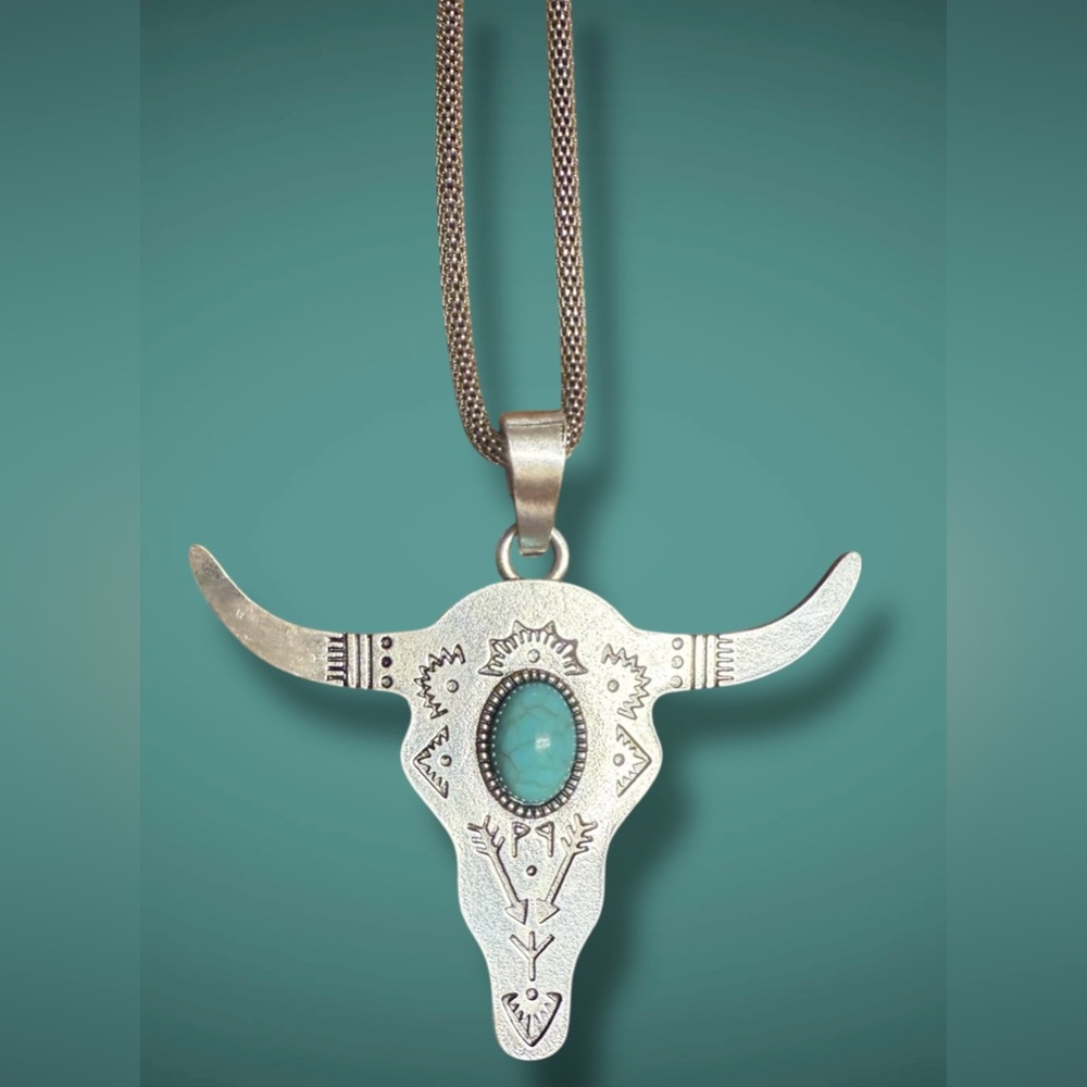 Silver Bull Skull Pendant Necklace with Turquoise Accent